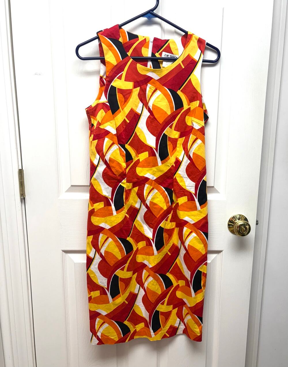 J. W. Treci Dress 70's Geometric Sheath Lined Stretch Cotton, Women's 8 Tall